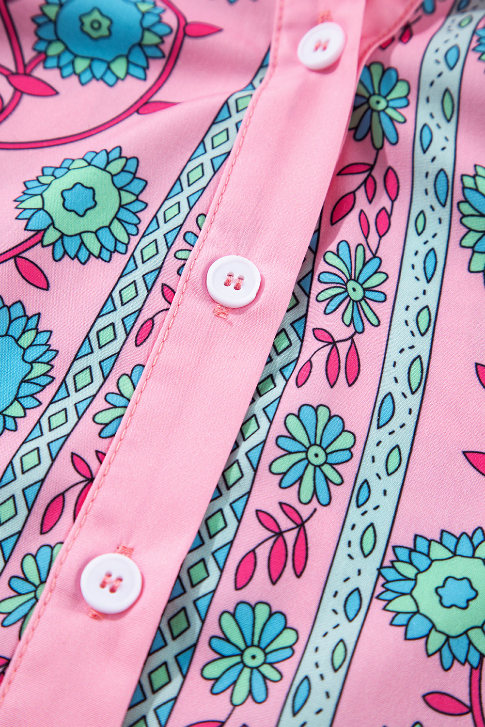 Pink Boho Floral Shirred Short Sleeve Belted Dress