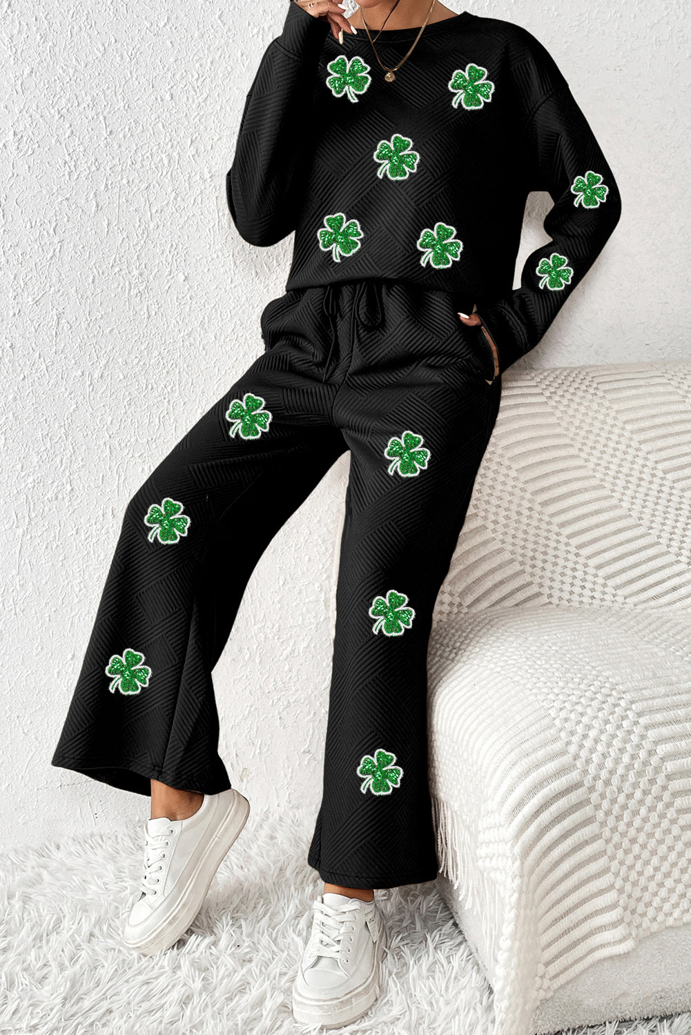 Black Textured Sequin Four Leaf Clover Patched Top and Wide Leg Pants Set