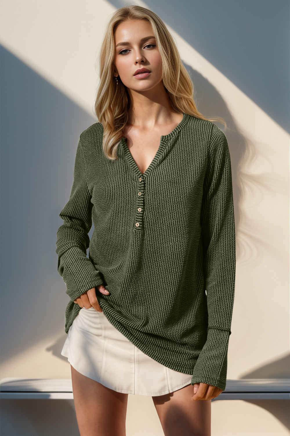 Double Take Corded Rib Thumbhole Cuff Round Neck T-Shirt