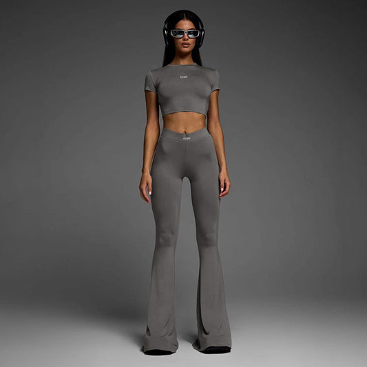Sports Casual Basic Pullover Cropped Short Sleeve Top High Waist Flared Pants Yoga Sexy Two Piece Set