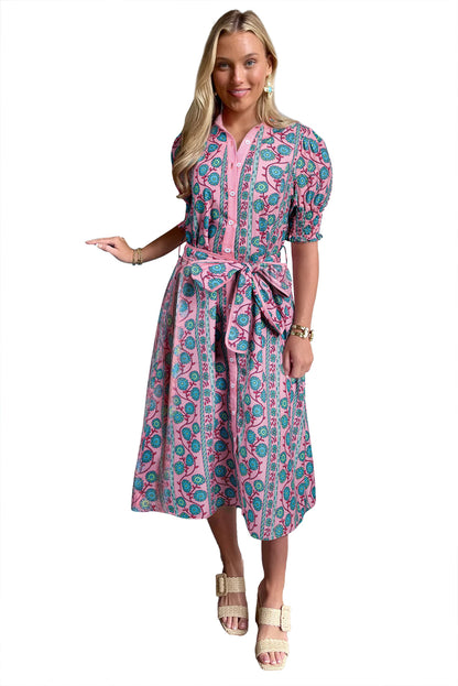 Pink Boho Floral Shirred Short Sleeve Belted Dress