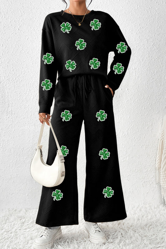 Black Textured Sequin Four Leaf Clover Patched Top and Wide Leg Pants Set