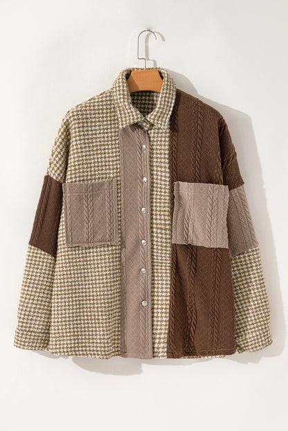 Pink Houndstooth Textured Patchwork Loose Shacket