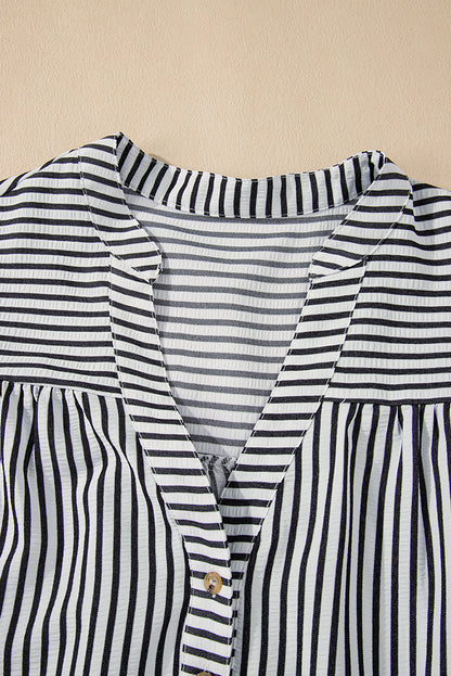 Black Stripe Buttoned V Neck Pocketed Plus Size Mini Dress