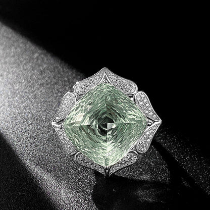 Ins Wind Luxury Crystal Ring Femininity Silver Set With Large Natural Green Crystal