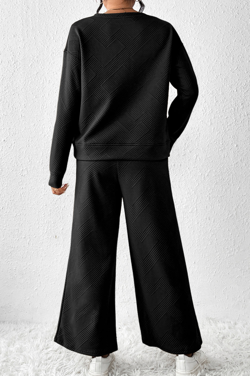 Black Textured Sequin Four Leaf Clover Patched Top and Wide Leg Pants Set