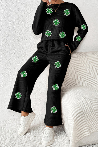 Black Textured Sequin Four Leaf Clover Patched Top and Wide Leg Pants Set