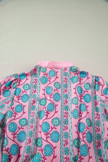 Pink Boho Floral Shirred Short Sleeve Belted Dress