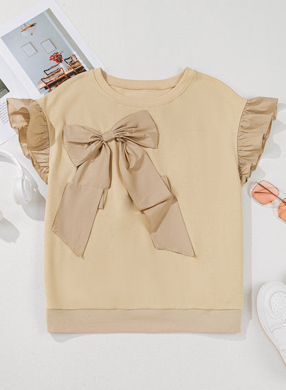 Parchment Ruffle Short Sleeve Bowknot Applique Plus Size Top