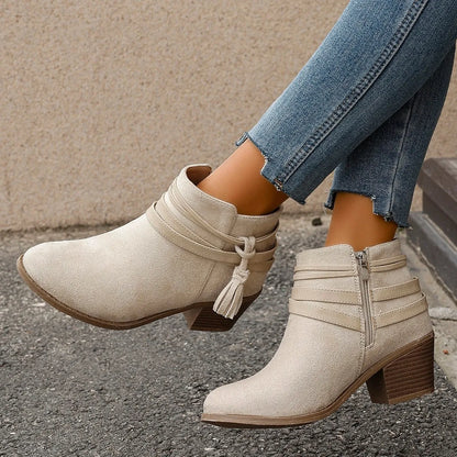 Tassel Point Toe Block Heels Boots