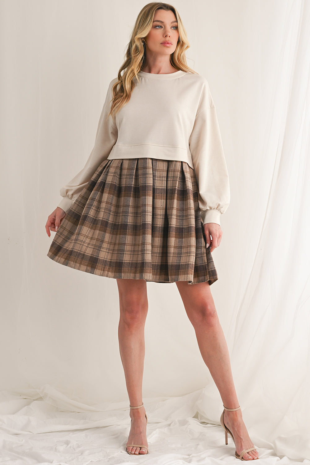 Black Plaid Patchwork High Waist Sweatshirt Mini Dress