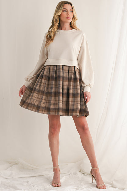 Black Plaid Patchwork High Waist Sweatshirt Mini Dress