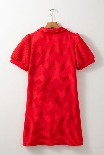 Fiery Red V Neck Puff Sleeve Textured Mini Dress