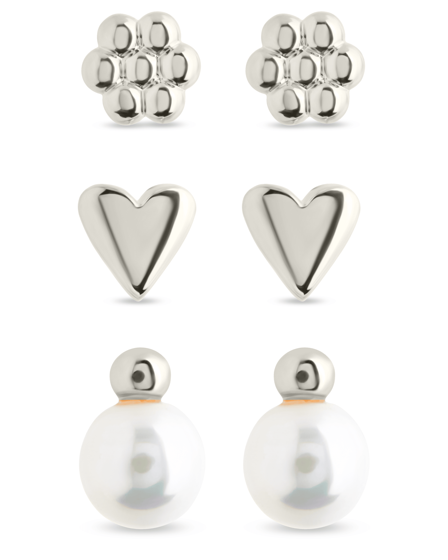 Sterling Silver Irene Pearl, Flower, & Heart Stud Earring Set of 3