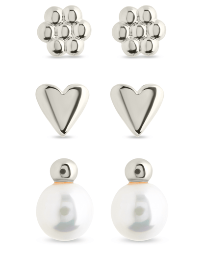 Sterling Silver Irene Pearl, Flower, & Heart Stud Earring Set of 3