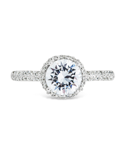 Sterling Silver Round Brilliant CZ Ring with Bead Set Border