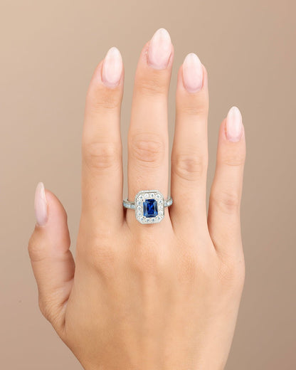 Sterling Silver Emerald Cut Sapphire CZ Cocktail Ring