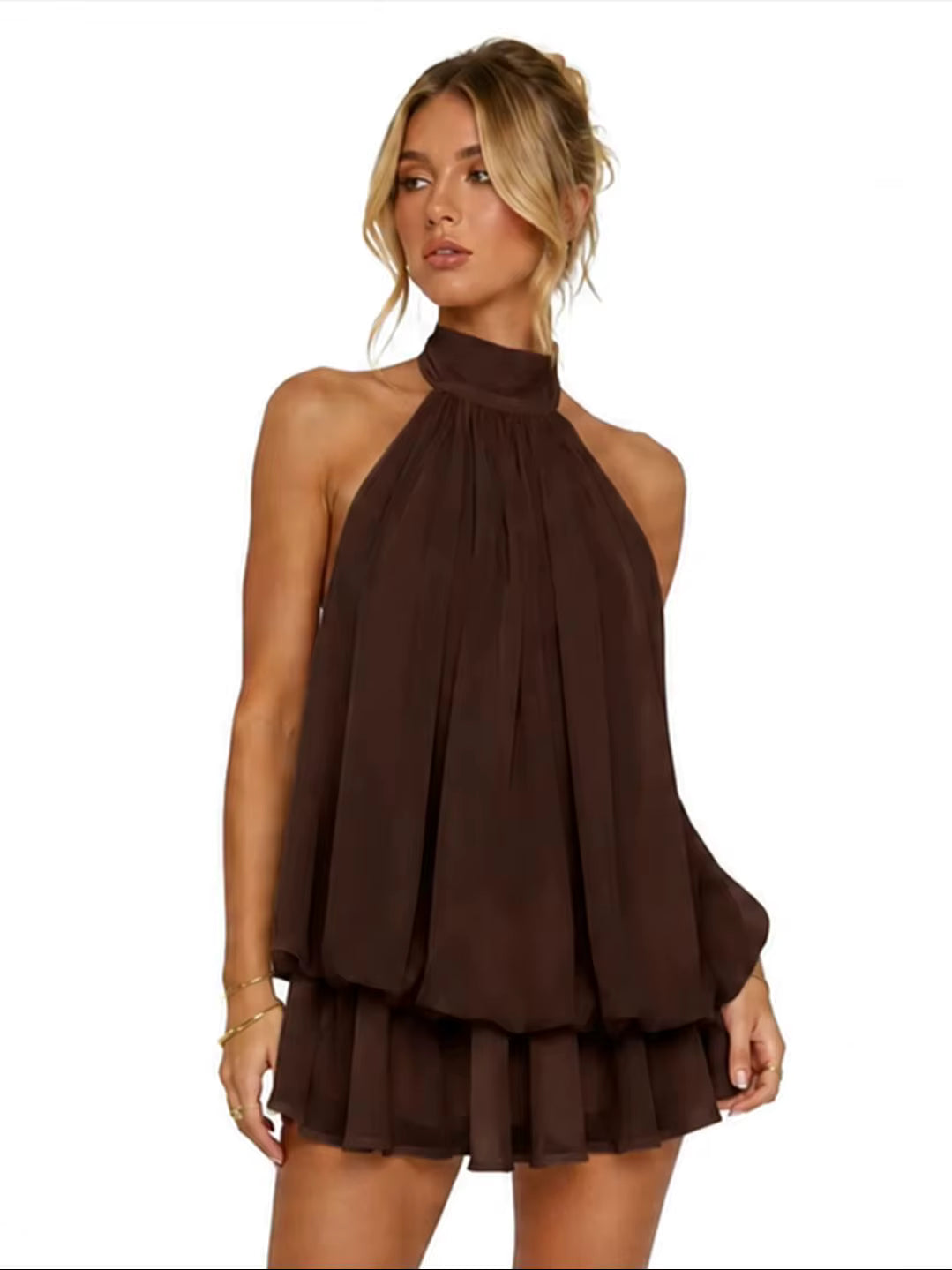 Womens Summer Dresses Halter Tie Mini Dress With Built-in Shorts, Chiffon Elegant A-Line Backless Sundress