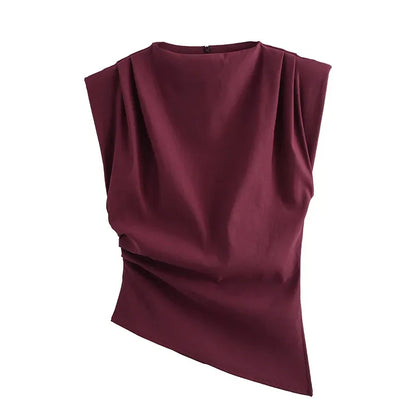 Women Casual Pleated Slim Short Vest Fashion Solid O Neck Sleeveless Shoulder Pad Top 2025 New Lady Casual Street Commuting Wear