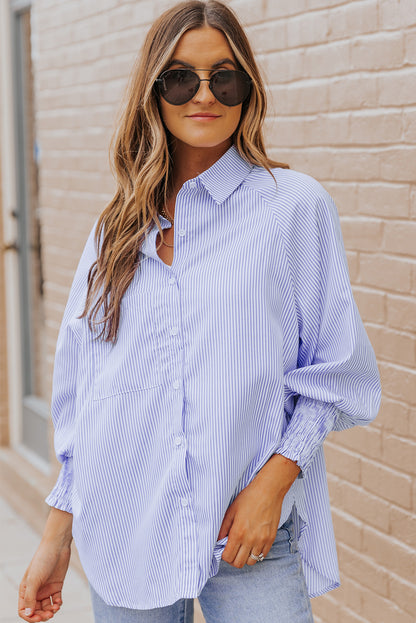 Pink Striped Casual Shirred Cuffs Shirt