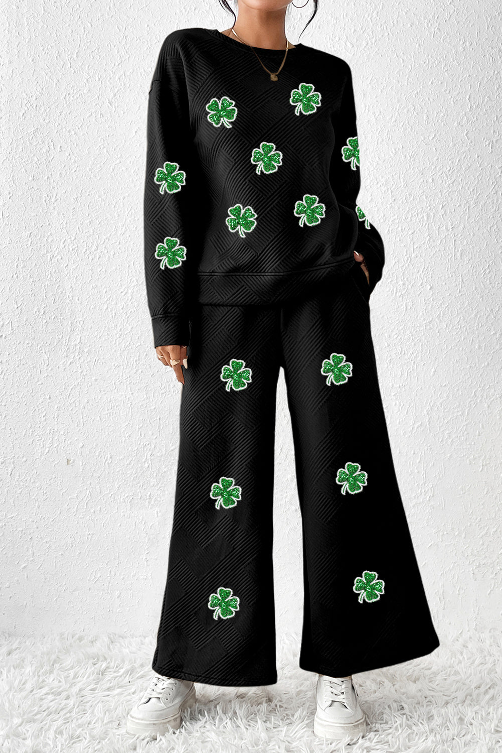 Black Textured Sequin Four Leaf Clover Patched Top and Wide Leg Pants Set