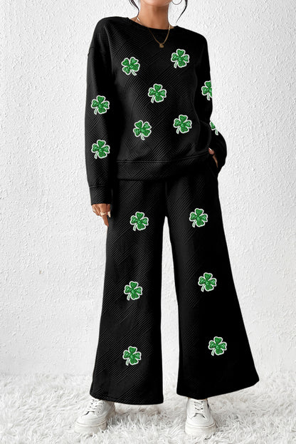 Black Textured Sequin Four Leaf Clover Patched Top and Wide Leg Pants Set