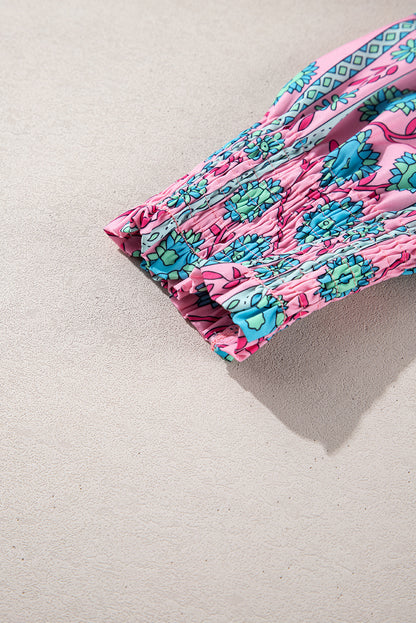 Pink Boho Floral Shirred Short Sleeve Belted Dress