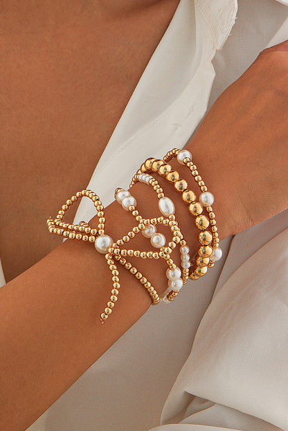 Silvery Bow Knot Pearl Beaded Multi Layered Bracelet Set