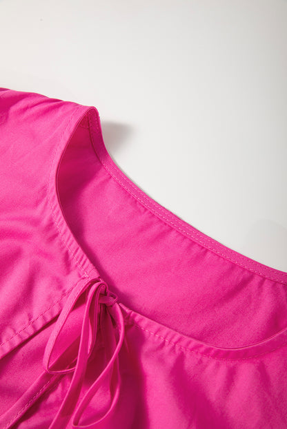 Bright Pink Tie Front Puff Sleeve Mini Dress