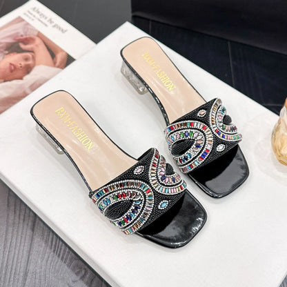 Rhinestone Embellished Low Block Heel Slide Sandals