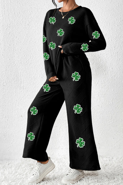 Black Textured Sequin Four Leaf Clover Patched Top and Wide Leg Pants Set