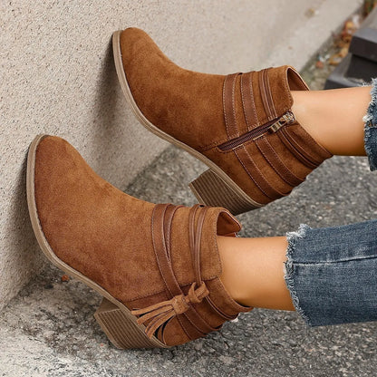 Tassel Point Toe Block Heels Boots