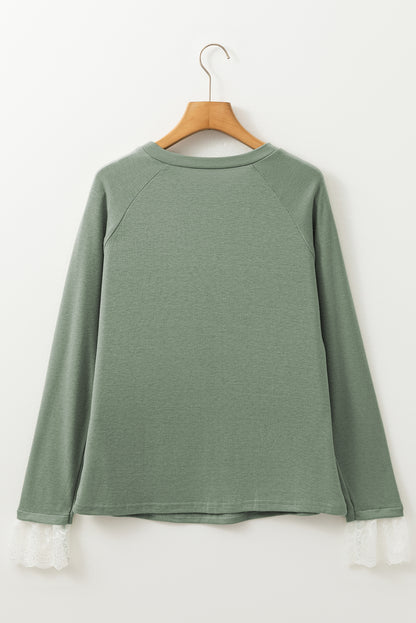 Parchment Seam Detail Lace Contrast Cuffs Raglan Sleeve Top