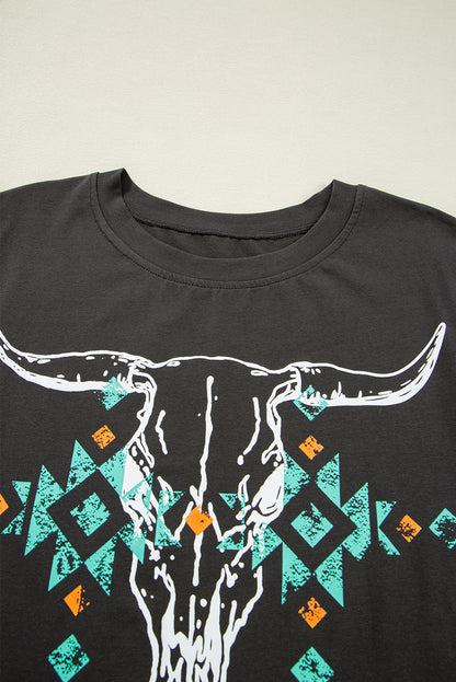 Carbon Grey Vintage Bull Head Skull Turquoise Geometric Graphic T Shirt