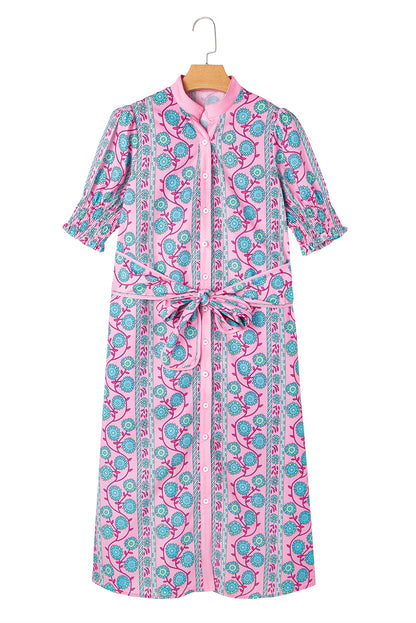 Pink Boho Floral Shirred Short Sleeve Belted Dress