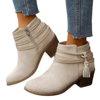 Tassel Point Toe Block Heels Boots