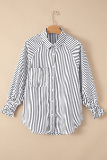 Pink Striped Casual Shirred Cuffs Shirt