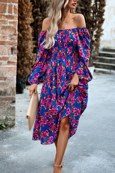 Printed Balloon Sleeve Pocketed Midi Dress