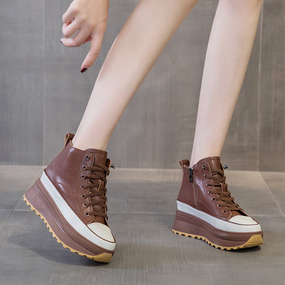 Thick soled small white shoes for women 2022 autumn new leather all-in-one high top casual shoes muffin inside increase sports shoes for women