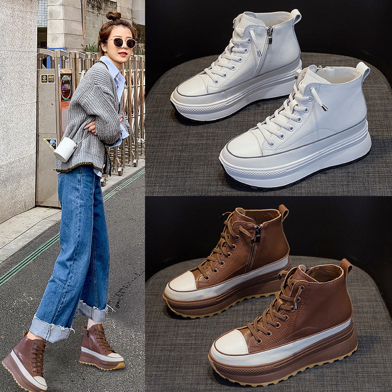 Thick soled small white shoes for women 2022 autumn new leather all-in-one high top casual shoes muffin inside increase sports shoes for women