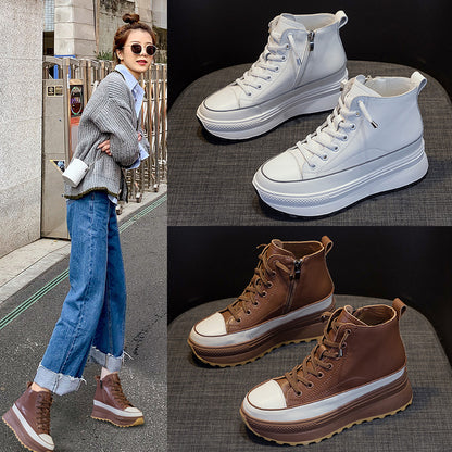 Thick soled small white shoes for women 2022 autumn new leather all-in-one high top casual shoes muffin inside increase sports shoes for women