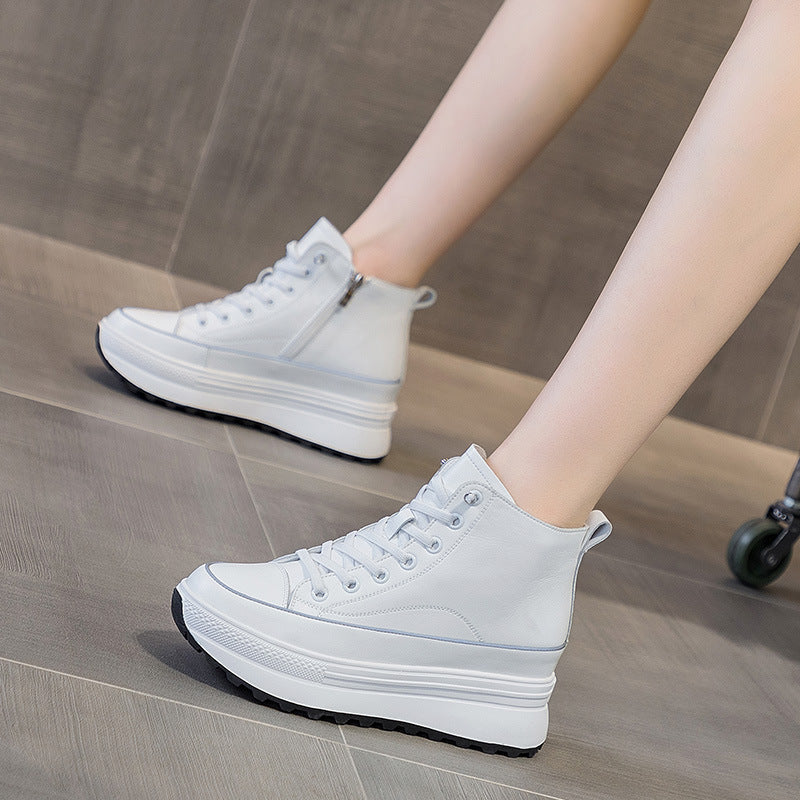 Thick soled small white shoes for women 2022 autumn new leather all-in-one high top casual shoes muffin inside increase sports shoes for women