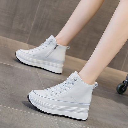 Thick soled small white shoes for women 2022 autumn new leather all-in-one high top casual shoes muffin inside increase sports shoes for women