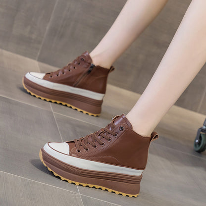 Thick soled small white shoes for women 2022 autumn new leather all-in-one high top casual shoes muffin inside increase sports shoes for women