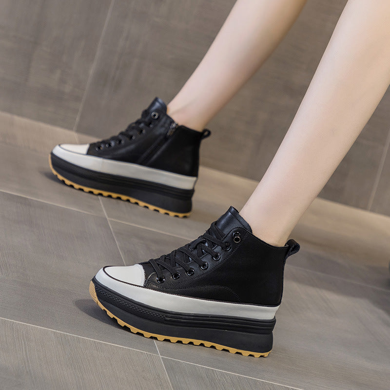 Thick soled small white shoes for women 2022 autumn new leather all-in-one high top casual shoes muffin inside increase sports shoes for women
