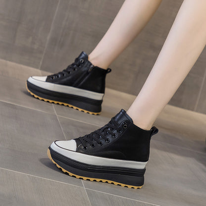 Thick soled small white shoes for women 2022 autumn new leather all-in-one high top casual shoes muffin inside increase sports shoes for women