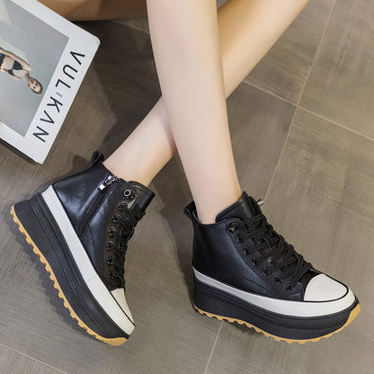 Thick soled small white shoes for women 2022 autumn new leather all-in-one high top casual shoes muffin inside increase sports shoes for women